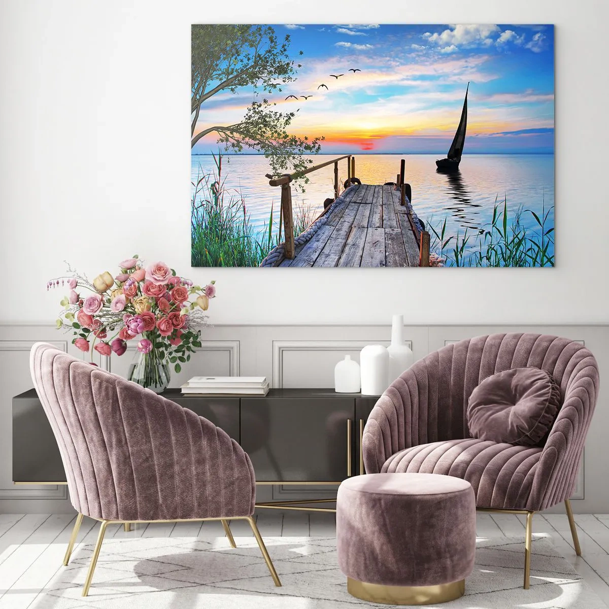 Quadro em vidro - Um cais à beira do lago ao pôr do sol com um veleiro ao fundo - 70x50cm - Boa noite - Decoração de parede moderna para a sala de estar e quarto ARTTOR