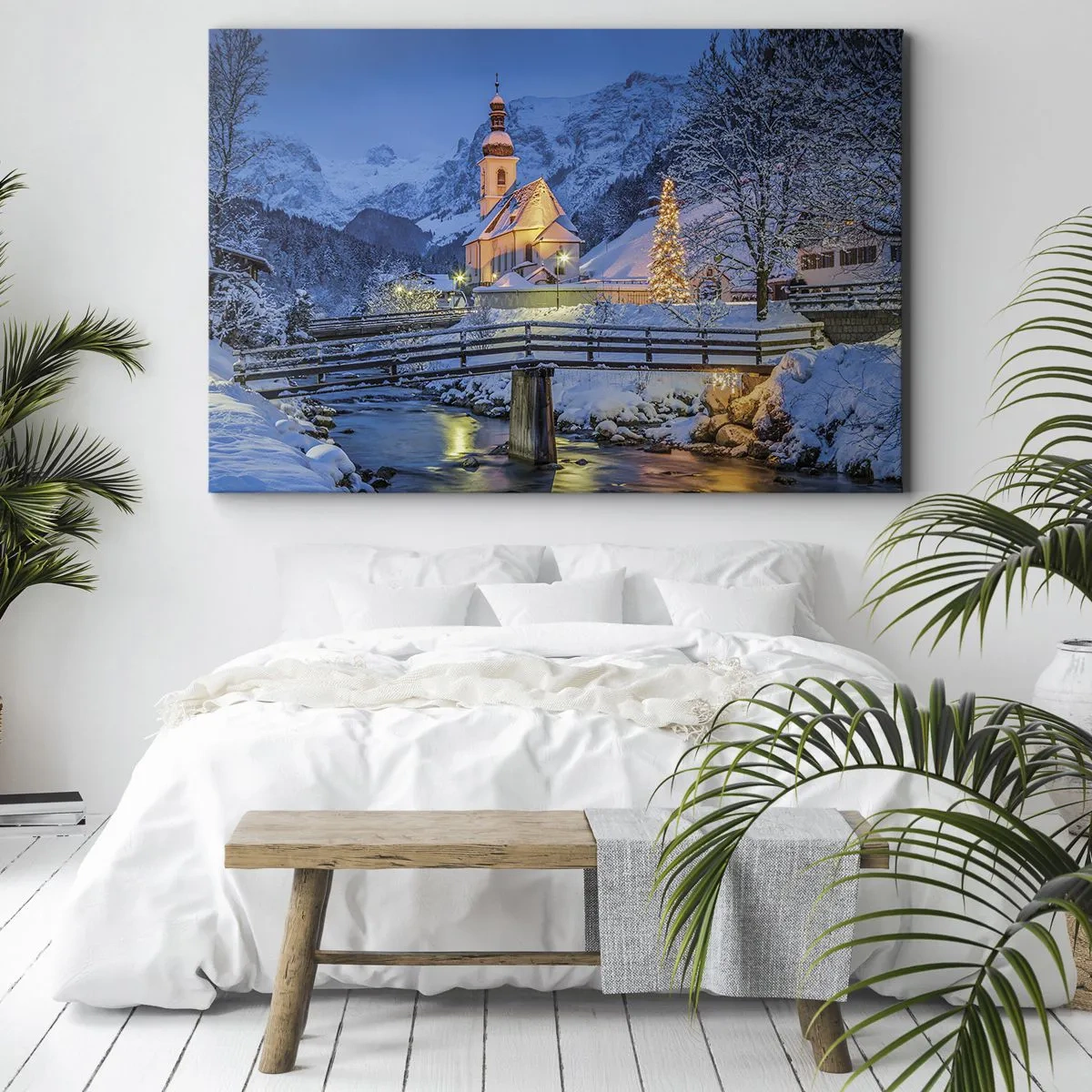 Quadro em tela - Paisagem de inverno com igreja, ponte e montanhas ao entardecer - 70x50cm - O Espírito do Natal - Decoração de parede moderna para a sala de estar e quarto ARTTOR