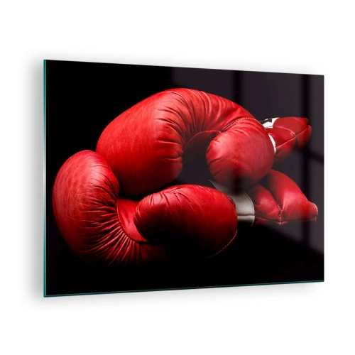 Quadro em vidro - Luvas de boxe vermelhas em um fundo preto - 70x50cm - As emoções da luta ficaram para trás - Decoração de parede moderna para a sala de estar e quarto ARTTOR