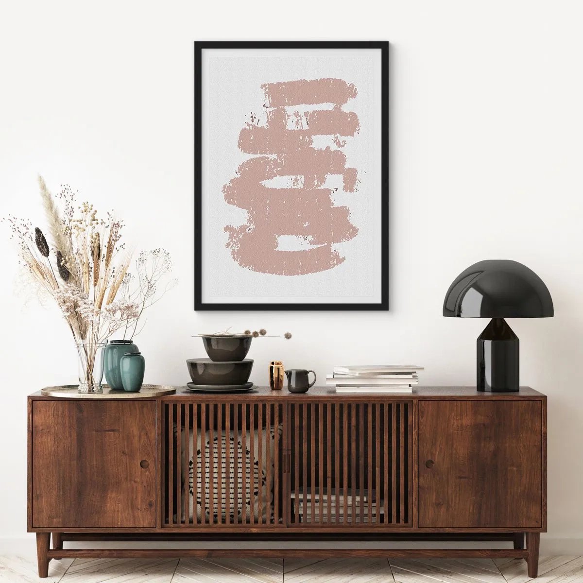 Pôster com moldura preta - Uma composição minimalista em tons de bege - 50x70cm - Abstração em rosa suave - Decoração de parede moderna para a sala de estar e quarto ARTTOR