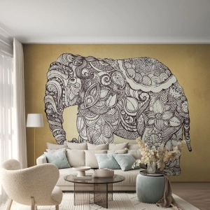 Papel de Parede Standard Eco - Elefante decorativo em estilo oriental sobre fundo amarelo - 100x70cm - O elefante se cobriu - Decoração de parede moderna para a sala de estar e quarto ARTTOR