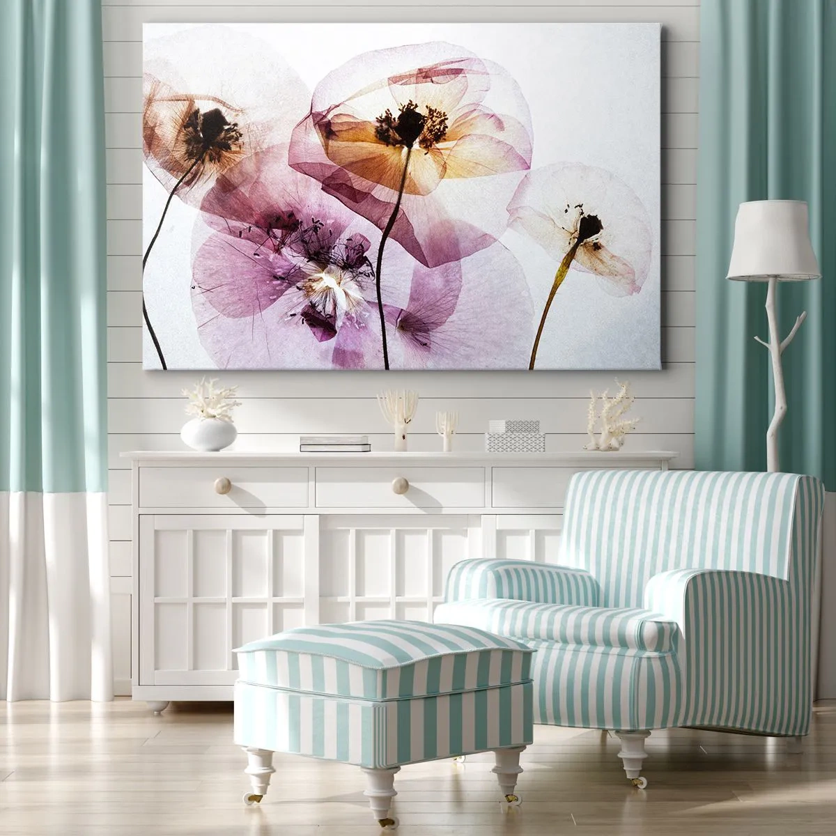 Quadro em tela - Flores delicadas e transparentes em tons pastel - 70x50cm - A transparência das flores - Decoração de parede moderna para a sala de estar e quarto ARTTOR