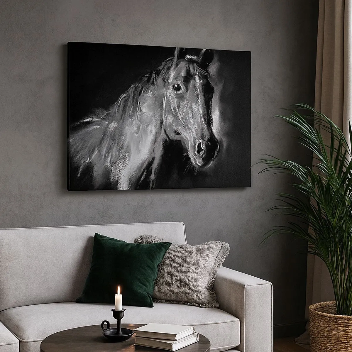 Quadro em tela - Retrato de um cavalo em um estilo dinâmico em preto e branco - 70x50cm - O Brilho de uma Alma Nobre - Decoração de parede moderna para a sala de estar e quarto ARTTOR