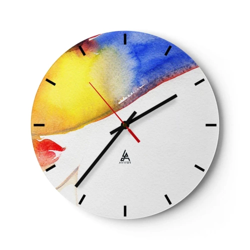 Relógio de parede - Relógio em vidro - Retrato abstrato com respingos de aquarela - 30x30cm - Retrato de uma dama - Decoração de parede moderna para a sala de estar, cozinha e quarto ARTTOR