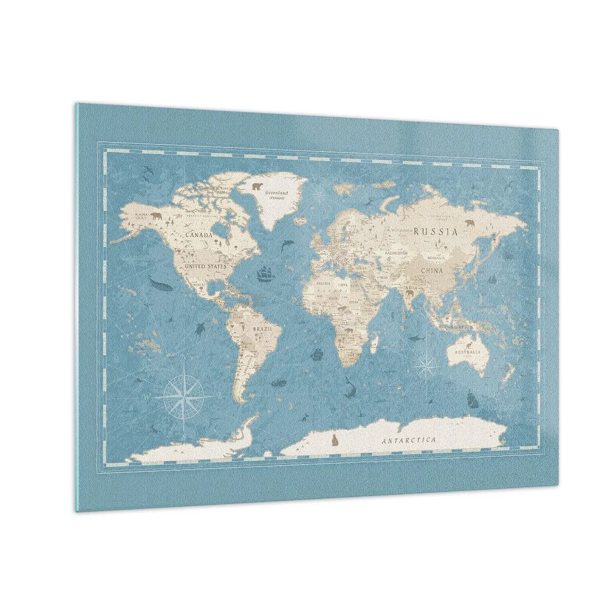 Quadro em vidro - Mapa-múndi estilizado em fundo azul - 70x50cm - O mundo ao seu alcance - Decoração de parede moderna para a sala de estar e quarto ARTTOR