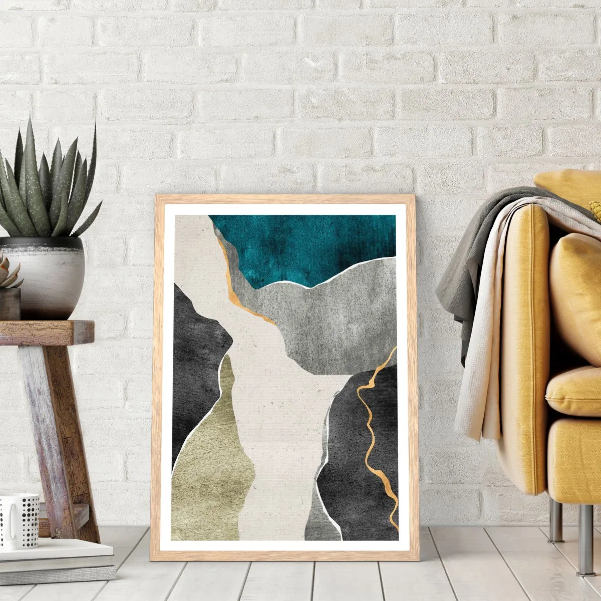 Pôster com moldura de carvalho claro - Composição de mosaico com fio de ouro - 61x91 cm