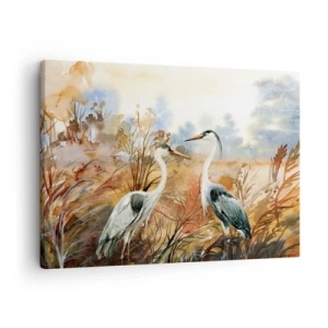 Quadro em tela - Duas garças no fundo de uma paisagem de outono - 70x50cm - Para onde ir no outono? - Decoração de parede moderna para a sala de estar e quarto ARTTOR