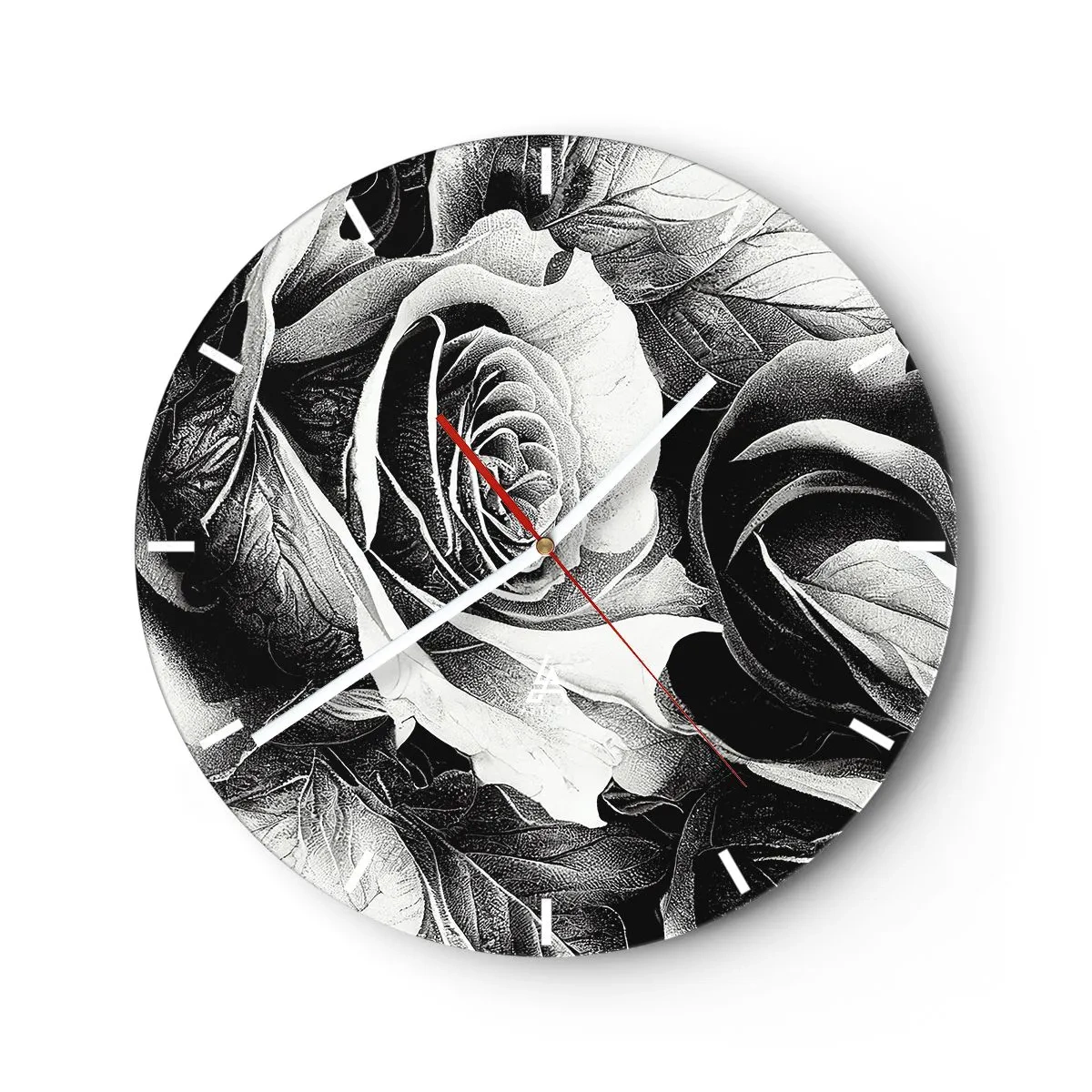 Relógio de parede - Relógio em vidro - Arte de rosa em preto e branco em um estilo de desenho clássico - 30x30cm - Sempre uma rainha - Decoração de parede moderna para a sala de estar, cozinha e quarto ARTTOR