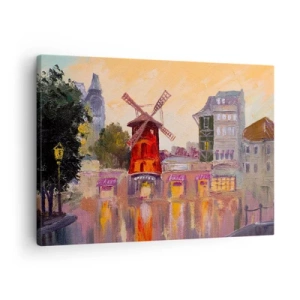 Quadro em tela - O moinho de vento vermelho do Moulin Rouge cercado pela paisagem urbana - 70x50cm - Ícones parisienses – Moulin Rouge - Decoração de parede moderna para a sala de estar e quarto ARTTOR