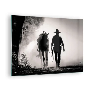 Quadro em vidro - Silhueta de um cowboy conduzindo um cavalo por uma paisagem enevoada - 70x50cm - Manhã no Texas - Decoração de parede moderna para a sala de estar e quarto ARTTOR