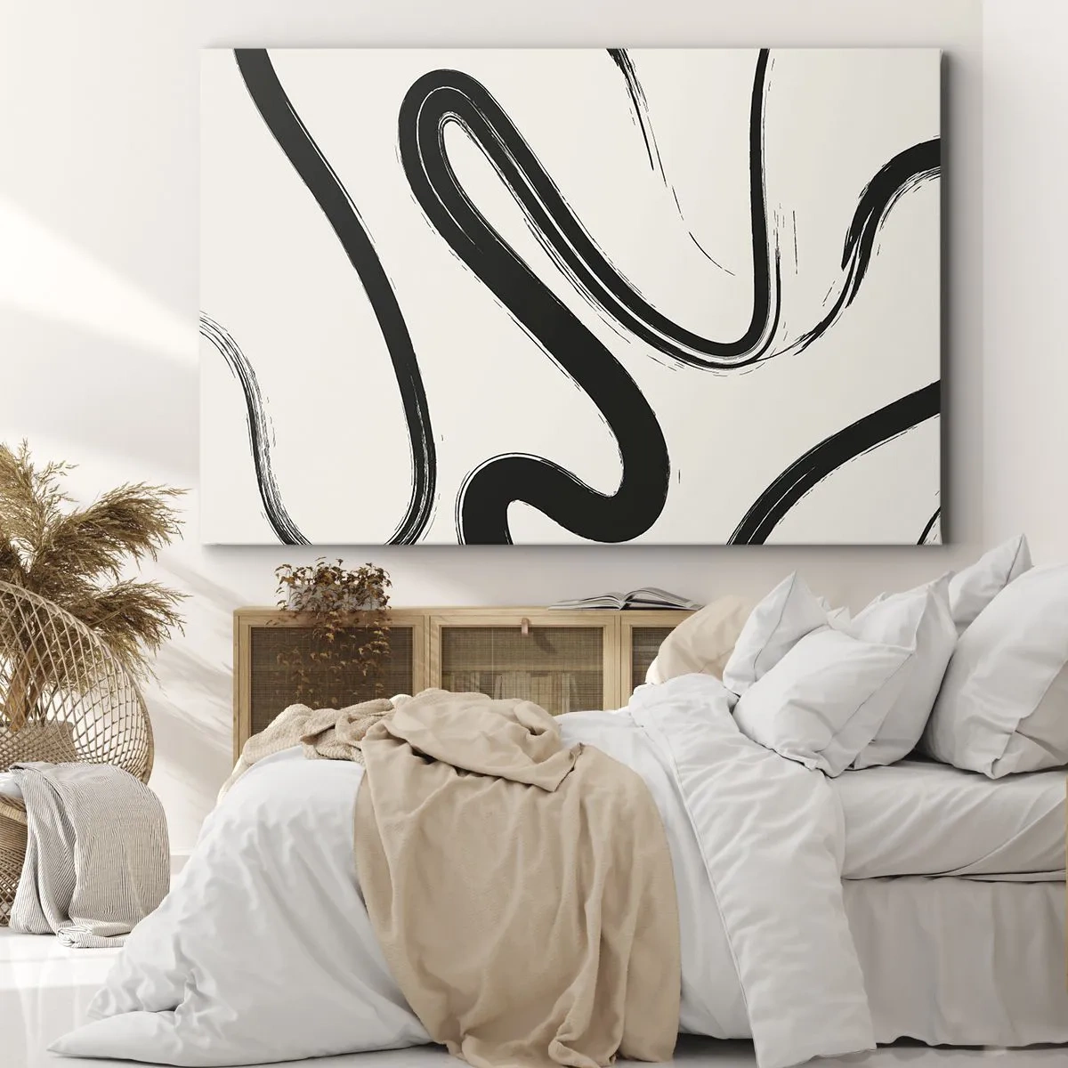 Quadro em tela - Linhas curvas pretas e brancas em um fundo claro - 70x50cm - Capricho preto e branco - Decoração de parede moderna para a sala de estar e quarto ARTTOR