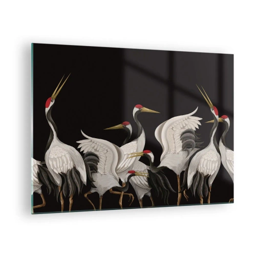 Quadro em vidro - Grous brancos com cabeças vermelhas em um fundo preto - 70x50cm - Assuntos de aves - Decoração de parede moderna para a sala de estar e quarto ARTTOR