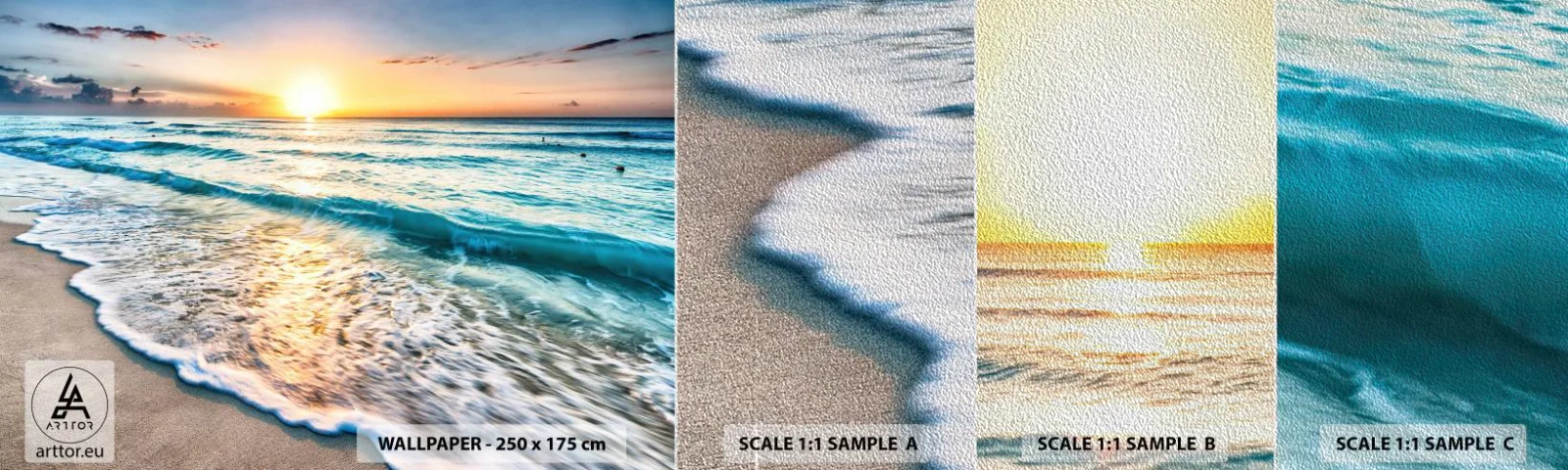 Amostra de papel de parede Premium Sand - Uma visão que vale a pena - Paisagem, Praia, Pôr do sol - 100x30 cm