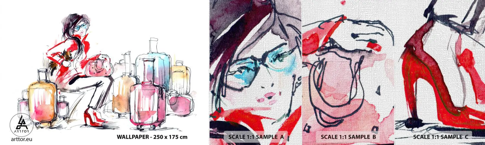 Amostra de papel de parede Premium Canvas - Vamos sentar antes da viagem - Mulher, Viagem, Mala - 100x30 cm