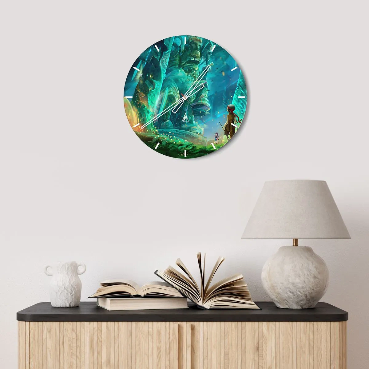 Relógio de parede - Relógio em vidro - Uma paisagem fantástica com figuras e totens - 30x30cm - Do Grande Livro de Contos de Fadas - Decoração de parede moderna para a sala de estar, cozinha e quarto ARTTOR