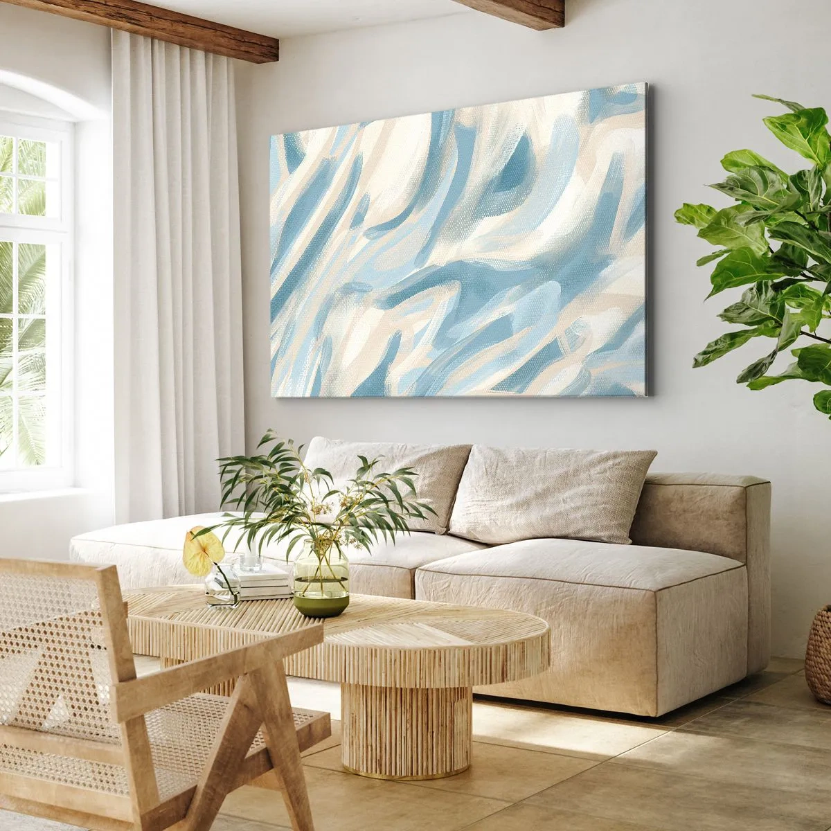 Quadro em tela - Listras azuis abstratas em um fundo claro - 70x50cm - Brisas de primavera - Decoração de parede moderna para a sala de estar e quarto ARTTOR