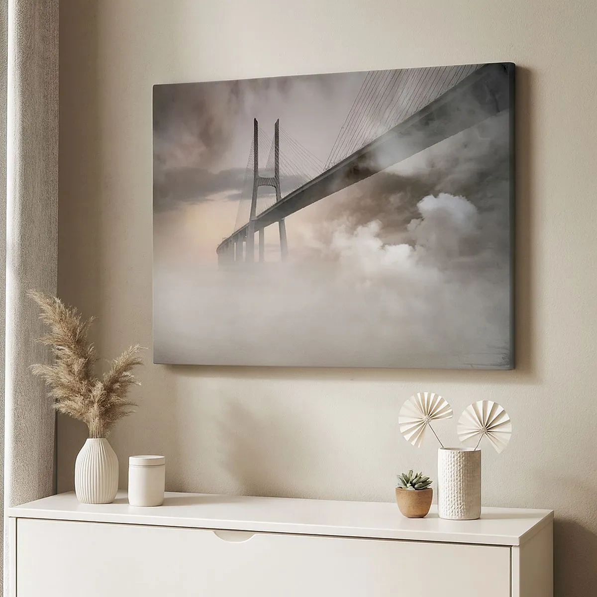 Quadro em tela - Uma ponte sobre um rio cercada por neblina pela manhã - 70x50cm - No rio que não existe - Decoração de parede moderna para a sala de estar e quarto ARTTOR