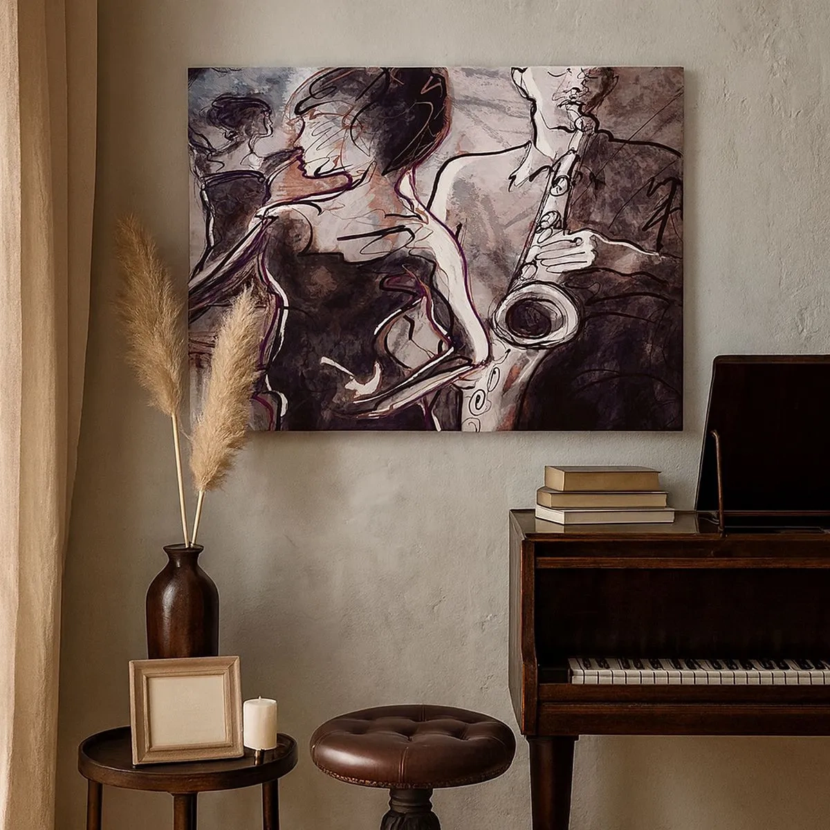 Quadro em tela - Cena abstrata de jazz com um saxofonista e uma dançarina. - 70x50cm - Deixar-se levar pela música - Decoração de parede moderna para a sala de estar e quarto ARTTOR