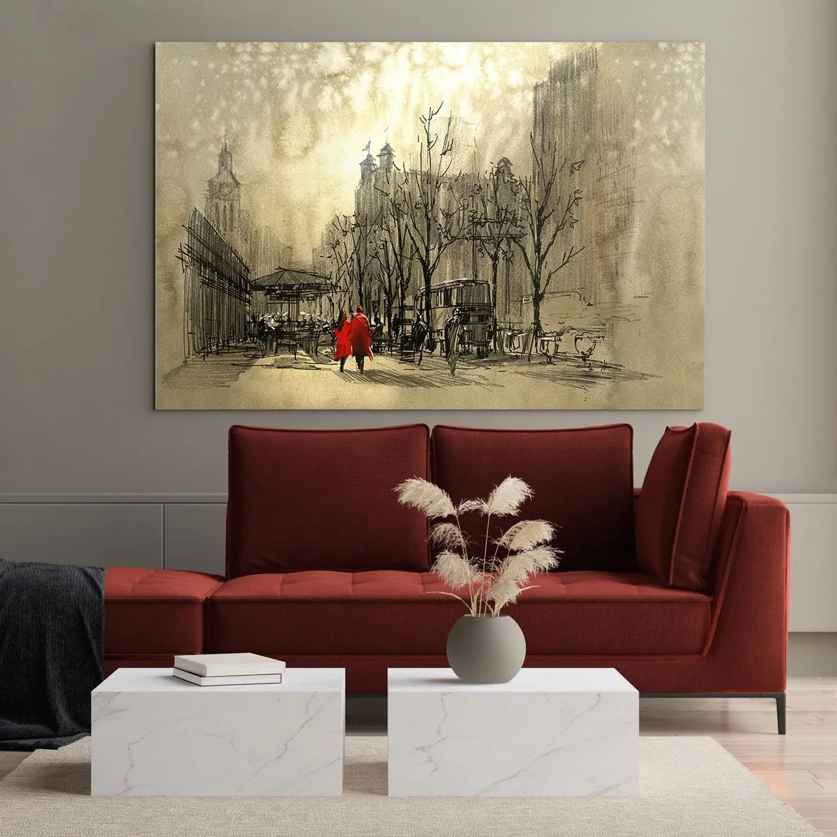 Quadro em vidro - Um encontro na névoa de Londres com um toque de casaco vermelho - 70x50cm - Um encontro no nevoeiro londrino  - Decoração de parede moderna para a sala de estar e quarto ARTTOR