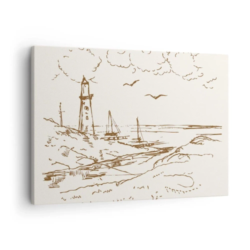 Quadro em tela - Esboço de um farol com vista para o mar - 70x50cm - Esboço das memórias do verão - Decoração de parede moderna para a sala de estar e quarto ARTTOR