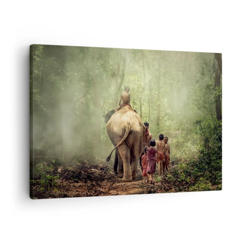 Quadro em tela - Crianças com um elefante em uma floresta verde na luz da manhã - 70x50cm - Novo Livro da Selva - Decoração de parede moderna para a sala de estar e quarto ARTTOR