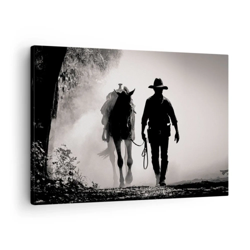 Quadro em tela - Cowboy com cavalo na neblina da manhã - 70x50cm - Manhã no Texas - Decoração de parede moderna para a sala de estar e quarto ARTTOR