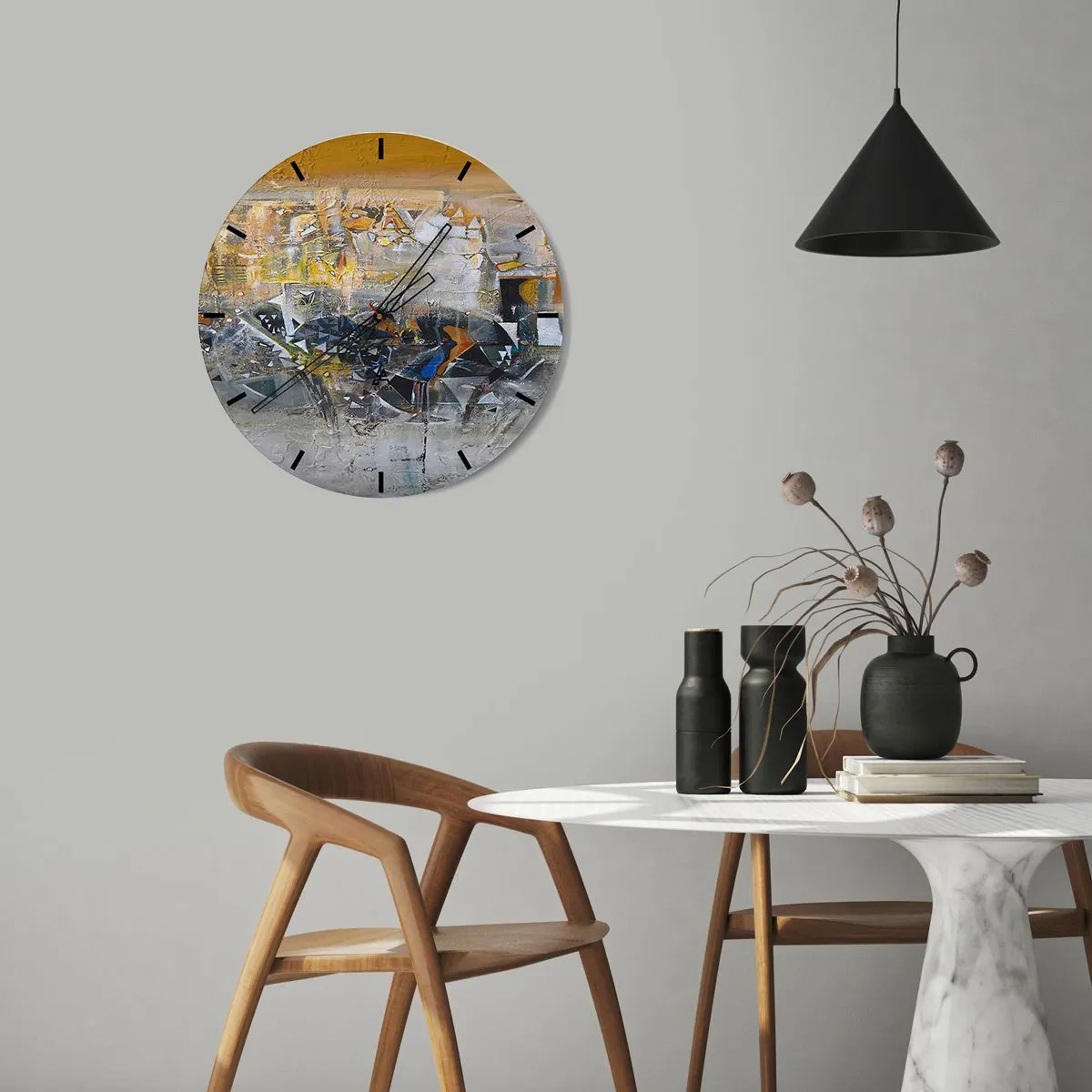 Relógio de parede - Relógio em vidro - Colagem abstrata em tons de amarelo e cinza - 30x30cm - Tudo vai se encaixar - Decoração de parede moderna para a sala de estar, cozinha e quarto ARTTOR