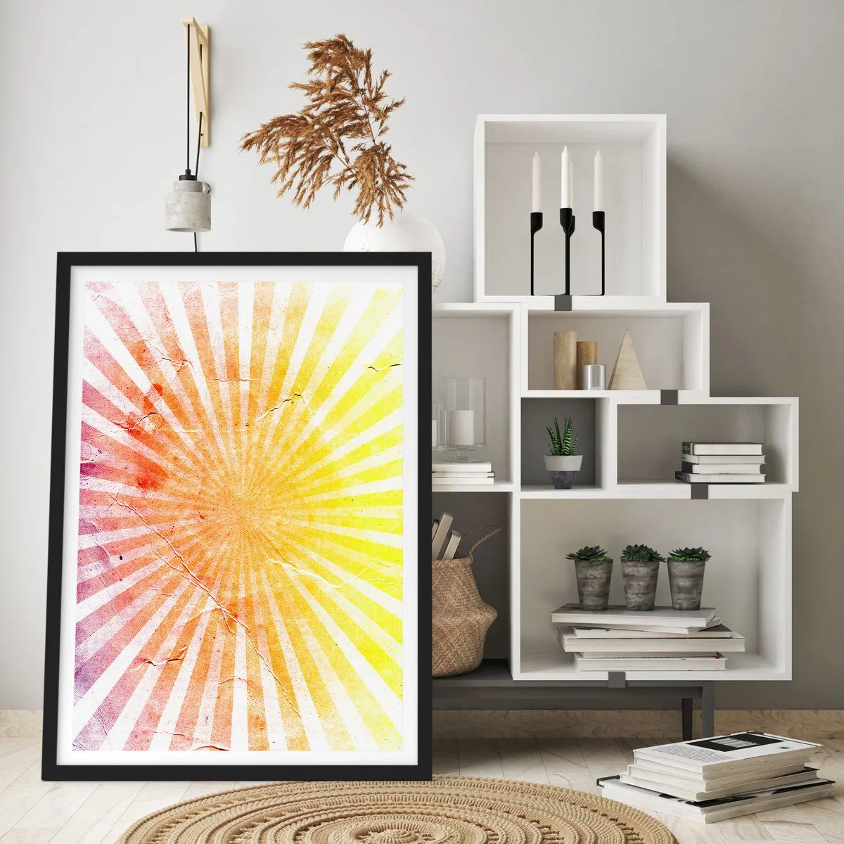 Pôster com moldura preta - Padrão abstrato de raios em tons de amarelo e vermelho - 50x70cm - Nasceres e entardeceres - Decoração de parede moderna para a sala de estar e quarto ARTTOR