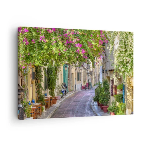 Quadro em tela - Uma rua charmosa com videiras floridas e mesas de café - 70x50cm - Beco florido - Decoração de parede moderna para a sala de estar e quarto ARTTOR