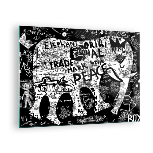 Quadro em vidro - Imagem de grafite em preto e branco com temas de paz e liberdade - 70x50cm - O rico mundo das ruas - Decoração de parede moderna para a sala de estar e quarto ARTTOR