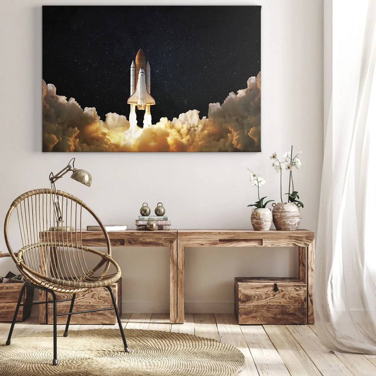 Quadro em tela - Um foguete espacial decolando contra o céu estrelado - 70x50cm - Ad astra! - Decoração de parede moderna para a sala de estar e quarto ARTTOR