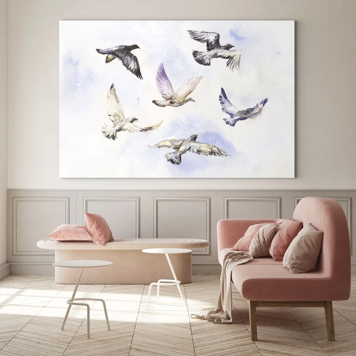 Quadro em vidro - Pássaros em voo contra um céu claro - 70x50cm - Liberdade em cinza e azul - Decoração de parede moderna para a sala de estar e quarto ARTTOR