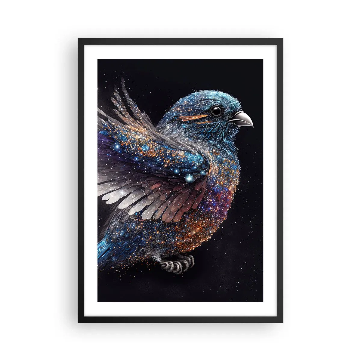 Pôster com moldura preta - Um pássaro espacial com plumagem estelar em um fundo preto - 50x70cm - Pardal de diamante - Decoração de parede moderna para a sala de estar e quarto ARTTOR