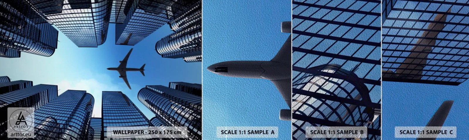 Amostra de papel de parede Premium Sand - Vista do desfiladeiro de vidro - Arquitetura, Avião, Cidade - 100x30 cm