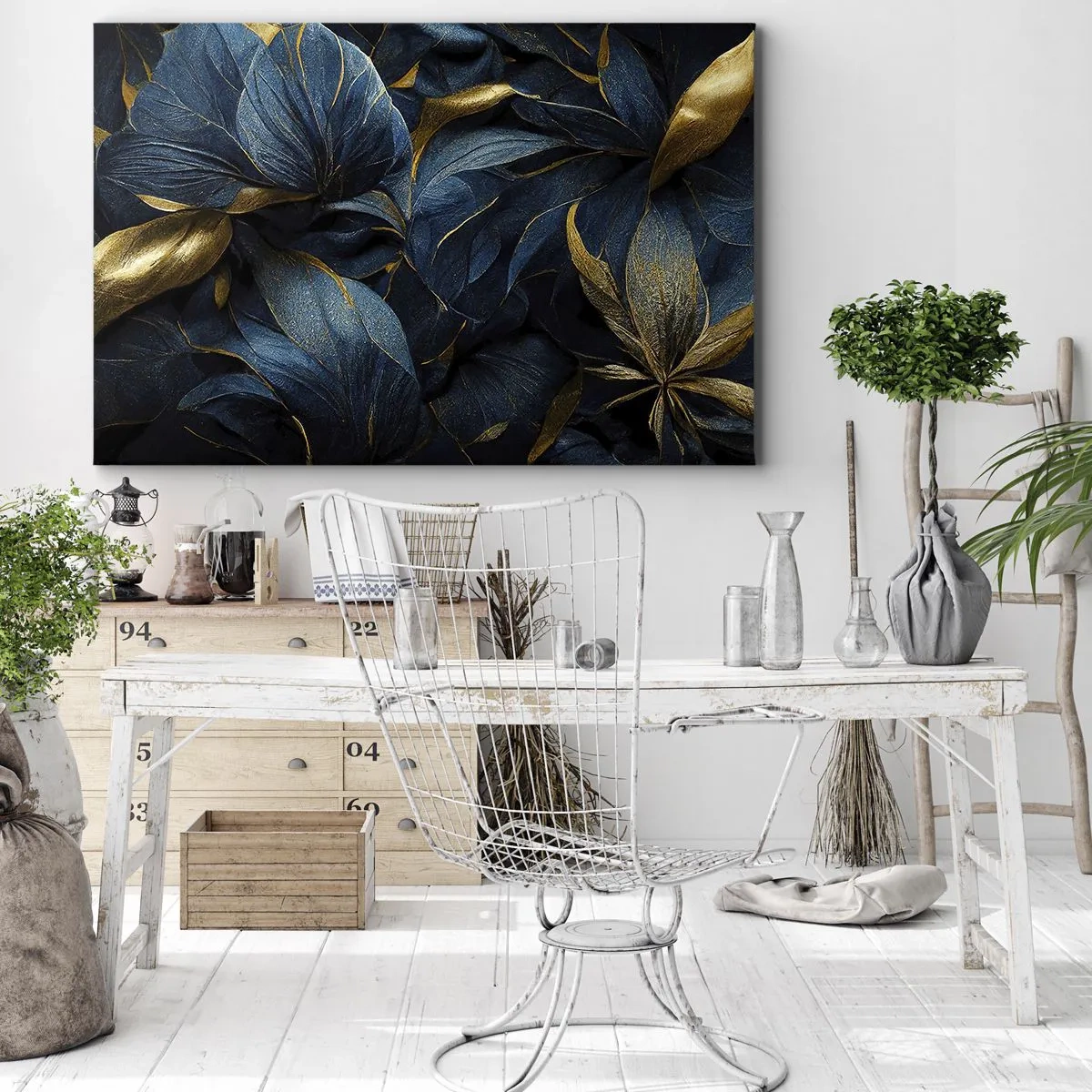 Quadro em tela - Folhas elegantes em tons de dourado e azul marinho - 70x50cm - Forrado com ouro - Decoração de parede moderna para a sala de estar e quarto ARTTOR