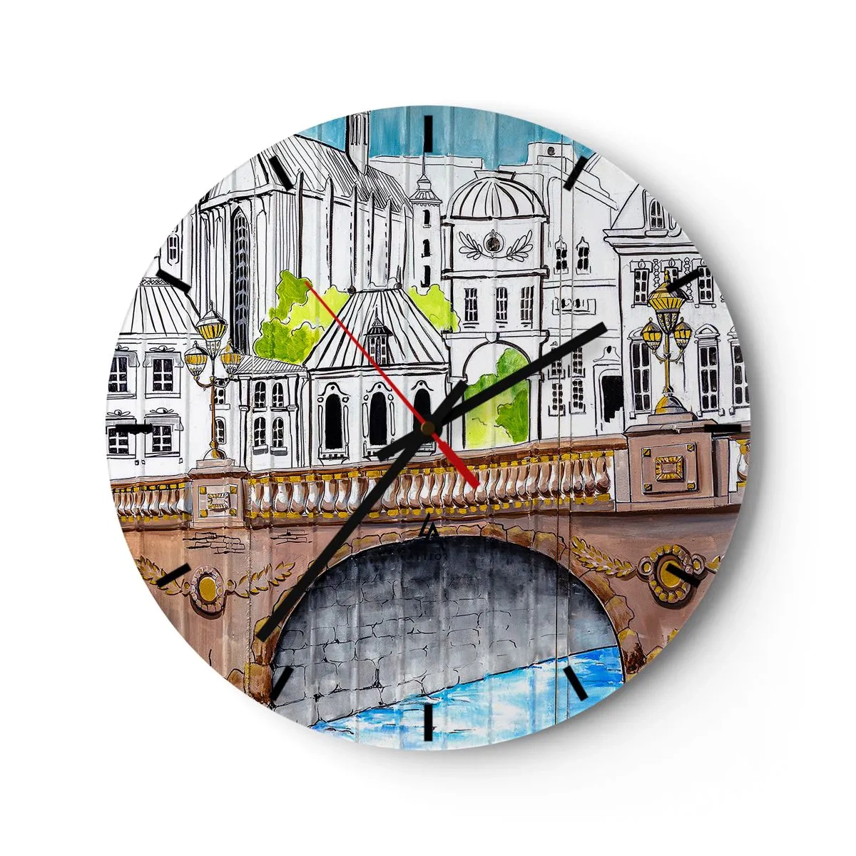 Relógio de parede - Relógio em vidro - Ilustração de arquitetura urbana com uma ponte - 30x30cm - Cidade pintada - Decoração de parede moderna para a sala de estar, cozinha e quarto ARTTOR