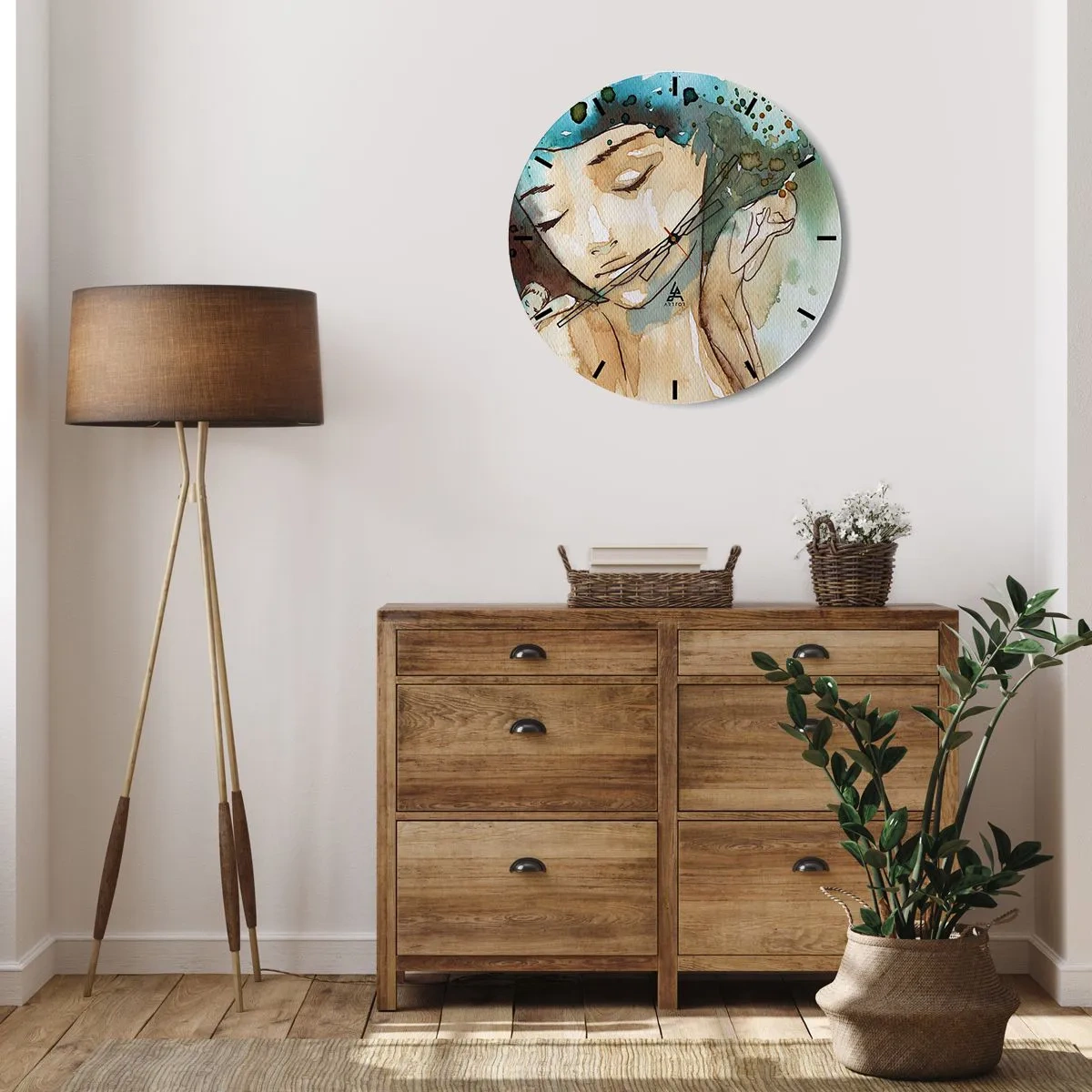 Relógio de parede - Relógio em vidro - Um mostrador de relógio com um motivo de rosto feminino em tons de aquarela - 30x30cm - Dama em azul - Decoração de parede moderna para a sala de estar, cozinha e quarto ARTTOR