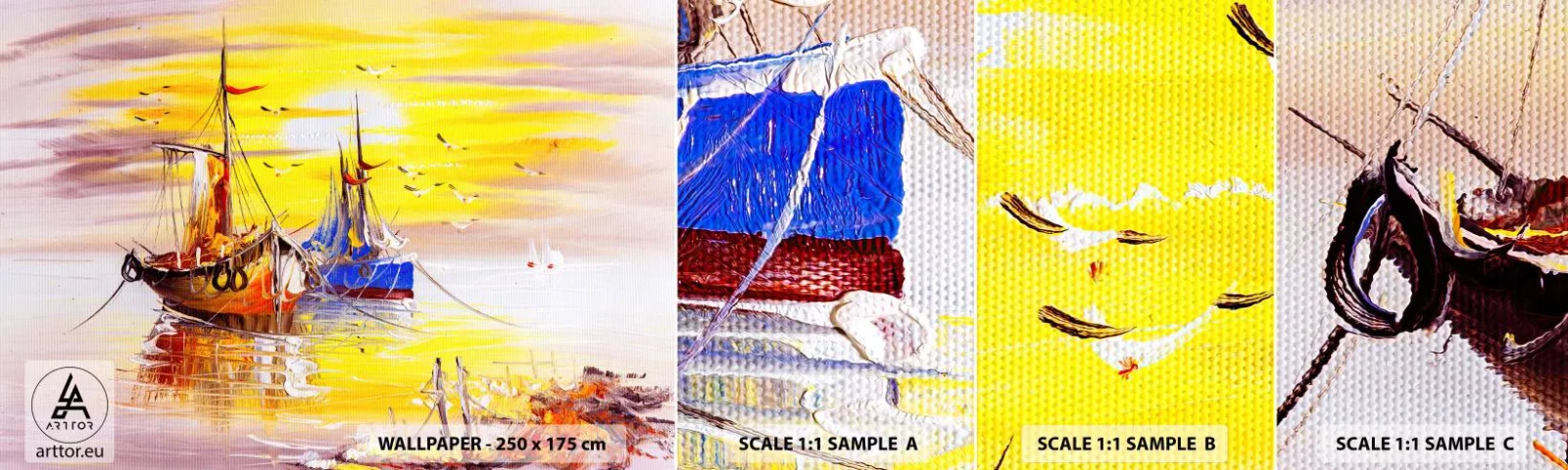 Amostra de Papel de Parede Standard Eco - Um merecido descanso no porto - Barco de pesca, pescaria, Pássaros - 100x30 cm