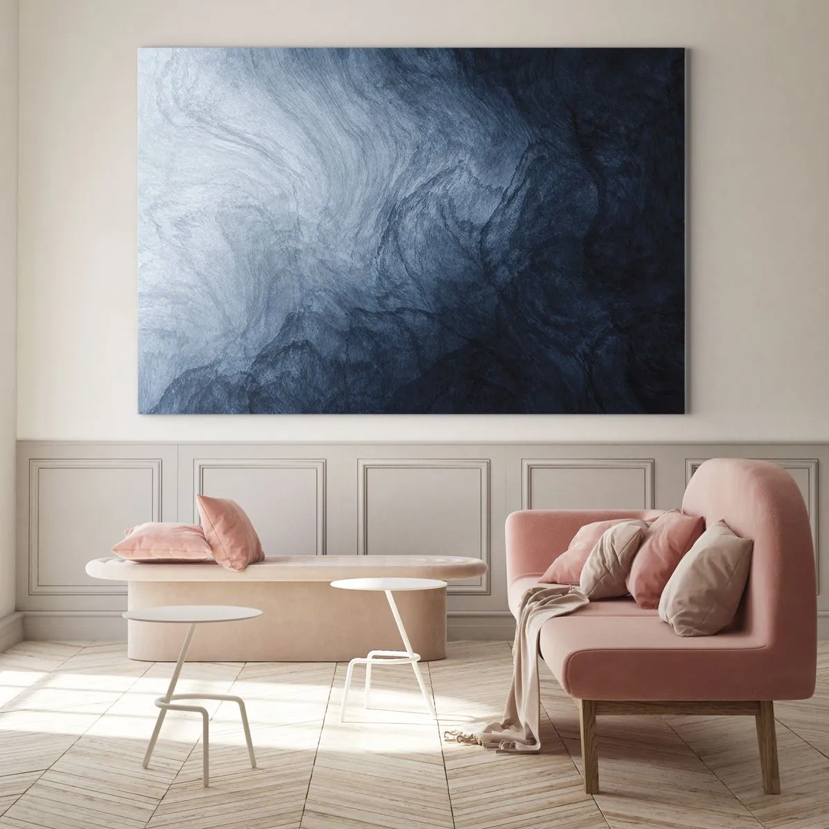 Quadro em vidro - Profundidade abstrata em tons de azul marinho e cinza - 70x50cm - Nas profundezas - Decoração de parede moderna para a sala de estar e quarto ARTTOR