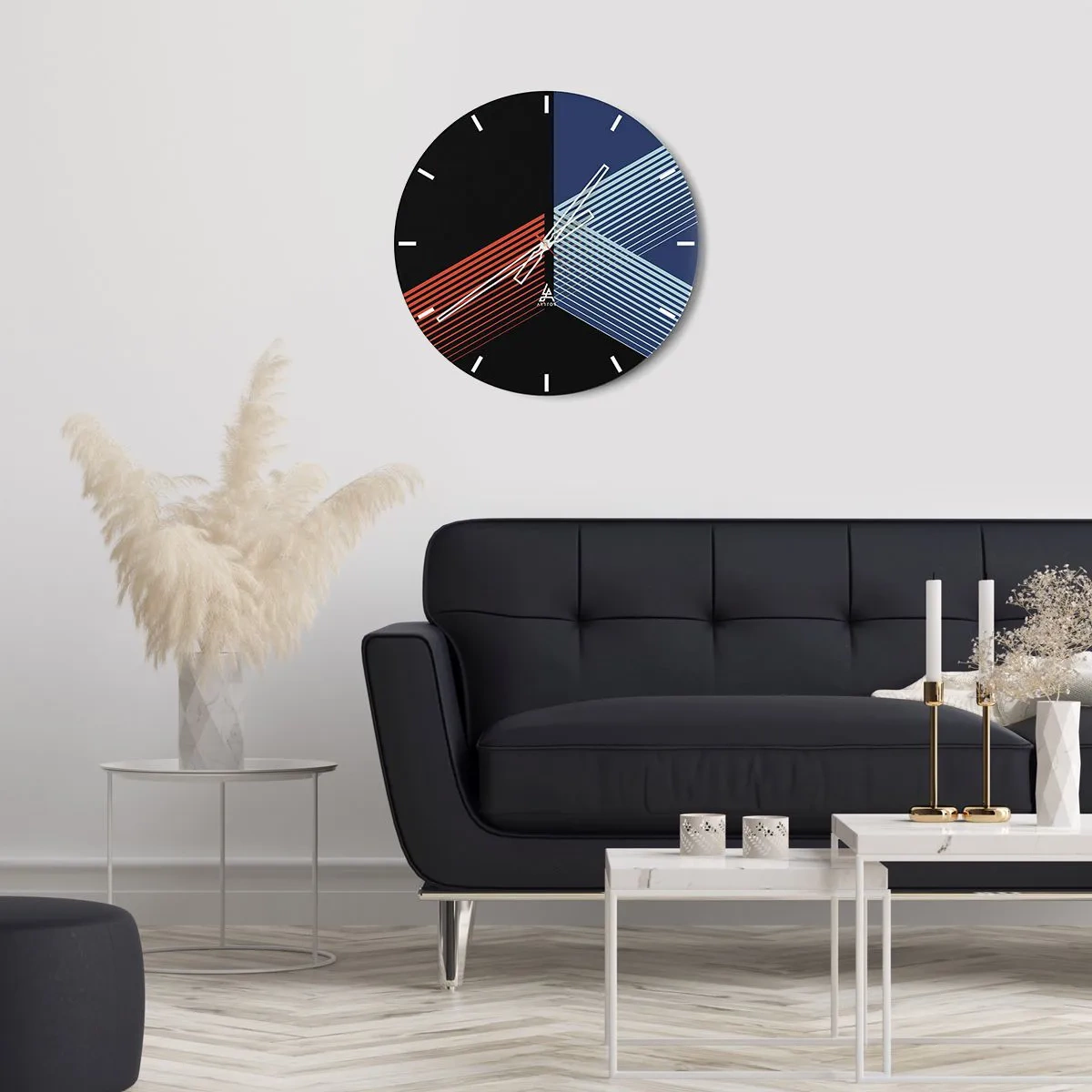 Relógio de parede - Relógio em vidro - Abstração geométrica com linhas em cores contrastantes - 30x30cm - Uma história simples - Decoração de parede moderna para a sala de estar, cozinha e quarto ARTTOR