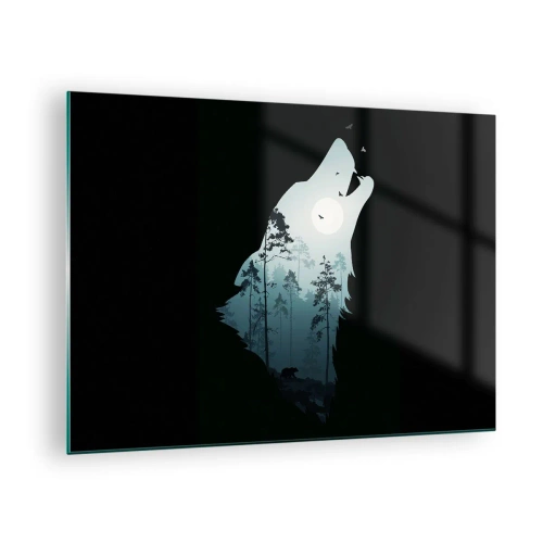 Quadro em vidro - Silhueta de um lobo com uma floresta e a lua ao fundo em um fundo preto - 70x50cm - A voz da noite da floresta - Decoração de parede moderna para a sala de estar e quarto ARTTOR