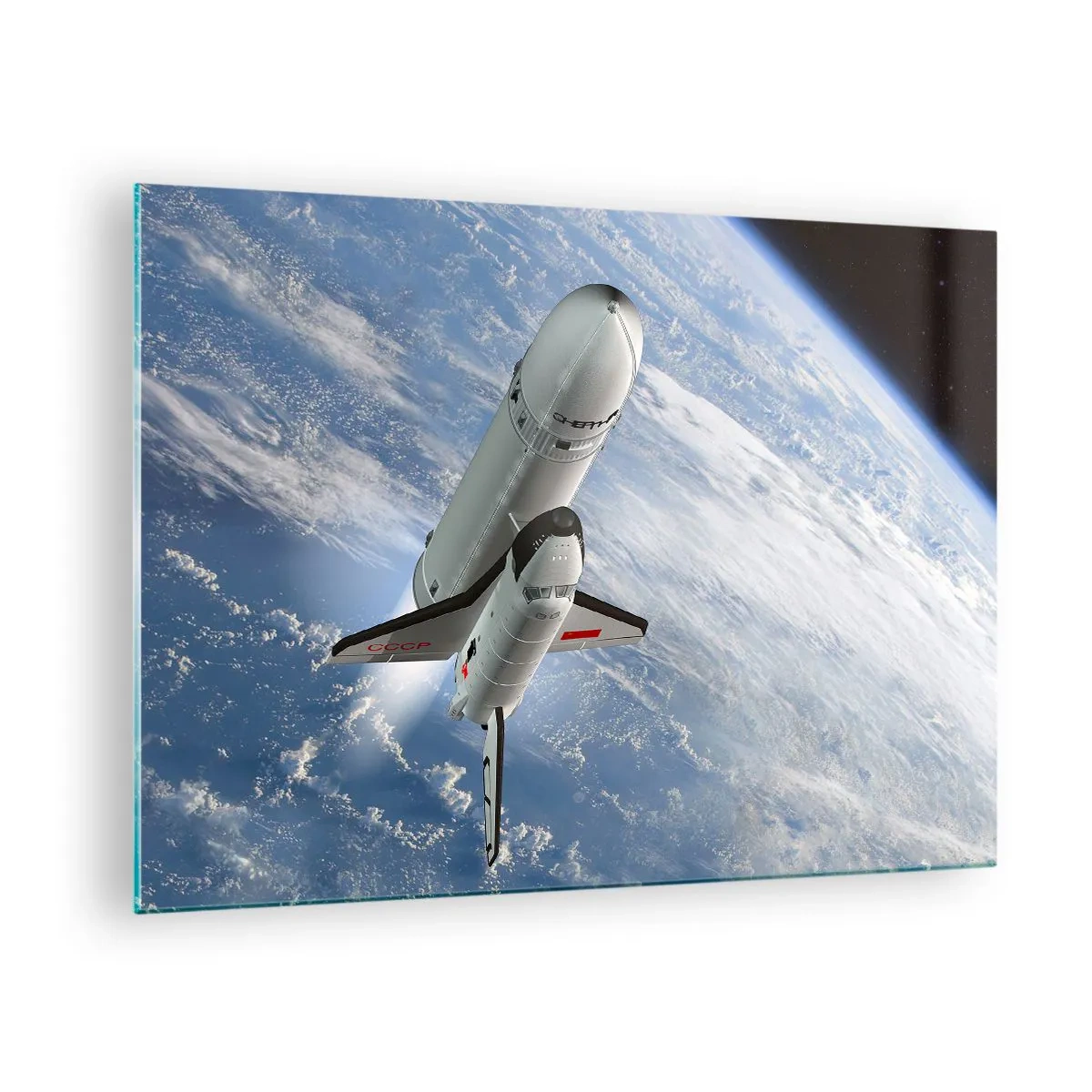Quadro em vidro - Um ônibus espacial decolando no espaço com a Terra ao fundo. - 70x50cm - Ascensão cósmica - Decoração de parede moderna para a sala de estar e quarto ARTTOR