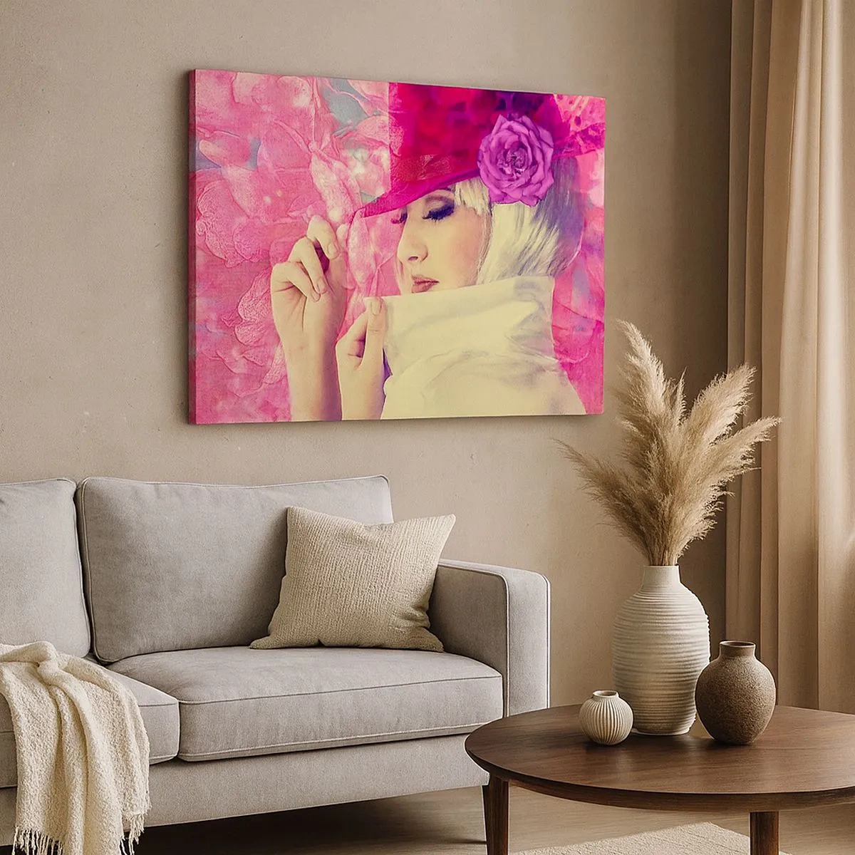 Quadro em tela - Mulher estilosa com um chapéu rosa e uma flor - 70x50cm - Retrato retro em rosa - Decoração de parede moderna para a sala de estar e quarto ARTTOR