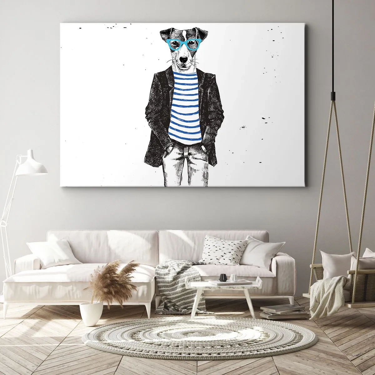 Quadro em tela - Retrato de um cachorro usando óculos e uma camisa de marinheiro em um estilo humorístico - 70x50cm - O charme do cão - Decoração de parede moderna para a sala de estar e quarto ARTTOR