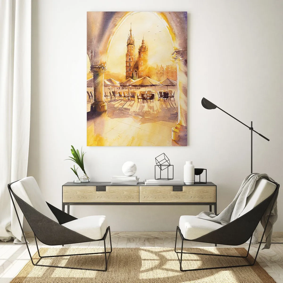 Quadro em vidro - Pôr do sol na praça do mercado de Cracóvia - 50x70 cm