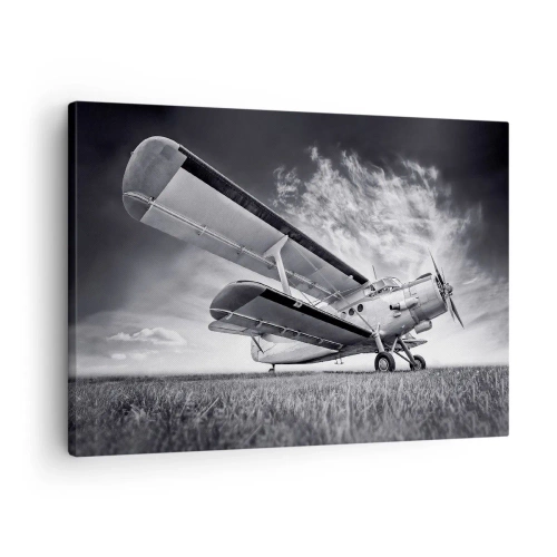 Quadro em tela - Um avião contra um céu dramático em preto e branco - 70x50cm - Andarilho alado - Decoração de parede moderna para a sala de estar e quarto ARTTOR