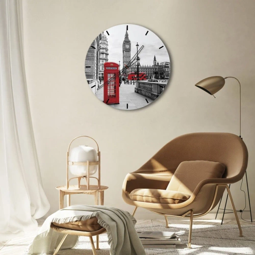 Relógio de parede - Relógio em vidro - O Big Ben e uma cabine telefônica vermelha com Londres ao fundo - 30x30cm - Sem dúvida, Londres - Decoração de parede moderna para a sala de estar, cozinha e quarto ARTTOR