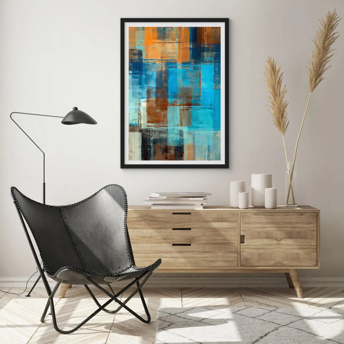 Pôster com moldura preta - Padrões geométricos abstratos em tons de azul - 50x70cm - Através da cortina azul - Decoração de parede moderna para a sala de estar e quarto ARTTOR