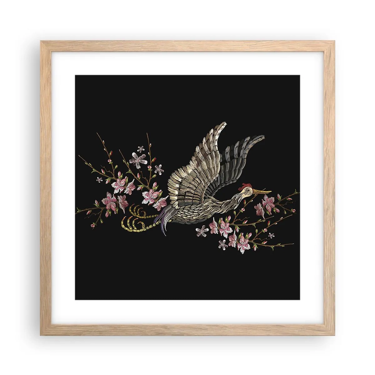 Pôster com moldura de carvalho claro - Pássaro exótico e bordado - 40x40 cm