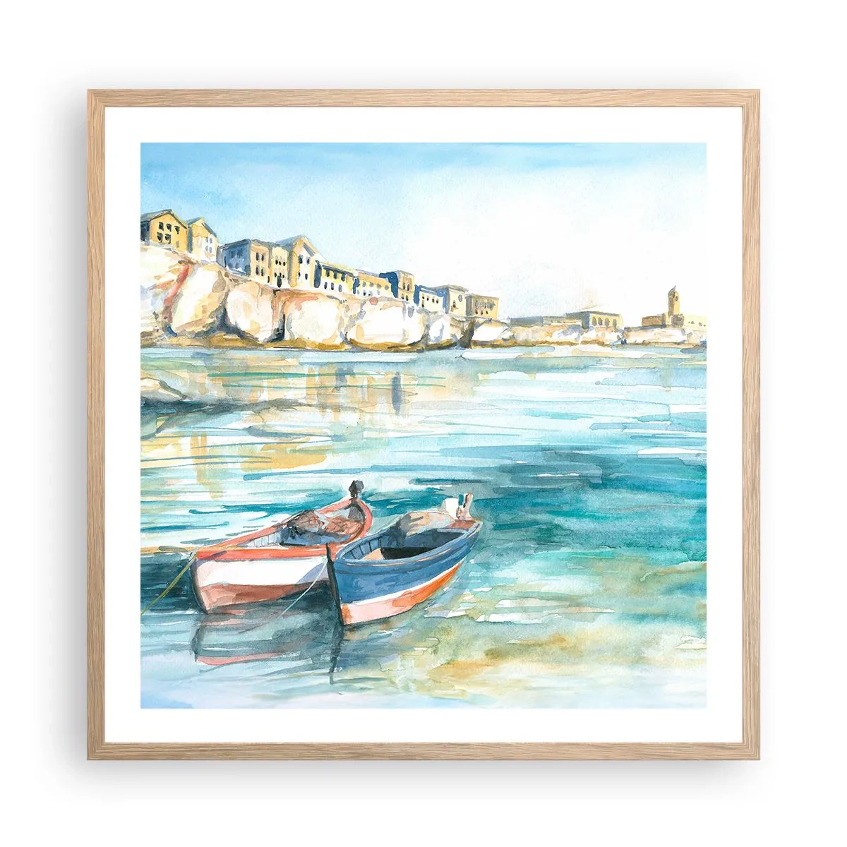 Pôster com moldura de carvalho claro - Paisagem em azul - 60x60 cm